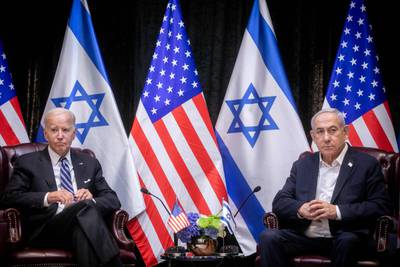 US President Joe Biden during his meeting with Israeli Prime Minister Benjamin Netanyahu in Tel Aviv on Wednesday. AFP