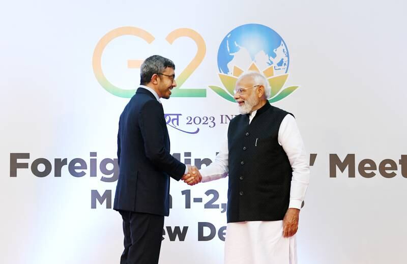 Sheikh Abdullah bin Zayed, Minister of Foreign Affairs and International Co-operation, with Indian Prime Minister Narendra Modi. Photo: Wam