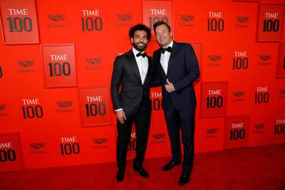 Jimmy Fallon and Mohamed Salah arrive on the red carpet for the Time 100 Gala at the Lincoln Center in New York on April 23, 2019. Reuters