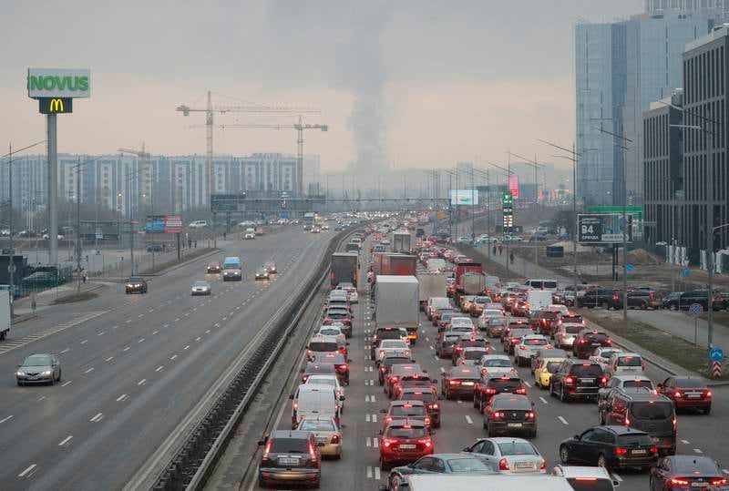 A traffic jam in Kiev, with many Ukrainians leaving their capital after Russian troops entered. EPA