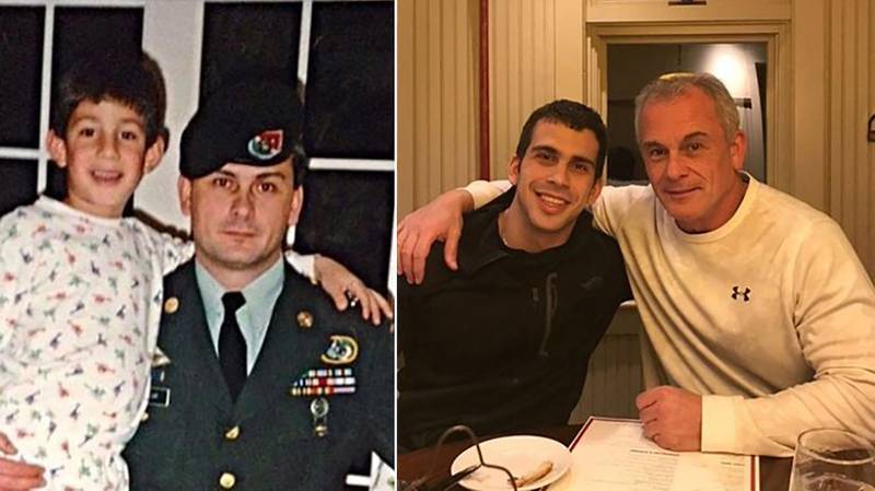 Former US special forces member Michael Taylor (right in both images) and his son Peter, posing together years apart in the US. AFP / Courtesy of the Taylor family