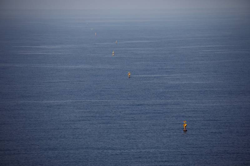 FILE PHOTO: Maritime border markers are seen in the Mediterranean Sea near Lebanon, as seen from Rosh Hanikra, northern Israel October 28, 2020. REUTERS/Amir Cohen/File Photo