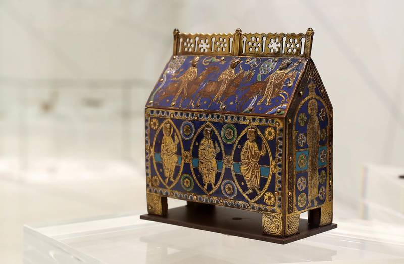ABU DHABI , UNITED ARAB EMIRATES, September 16 – 2018 :- Reliquary casket , France , Limoges , About 1200 on display at the Louvre museum in Abu Dhabi. ( Pawan Singh / The National )  For Arts and Culture. Story by Rupert Hawksley 