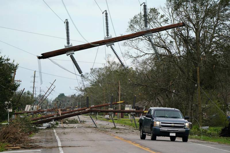 Downed power lines are seen on Highway 90 after Hurricane Laura passed through Iowa, Louisiana. Reuters