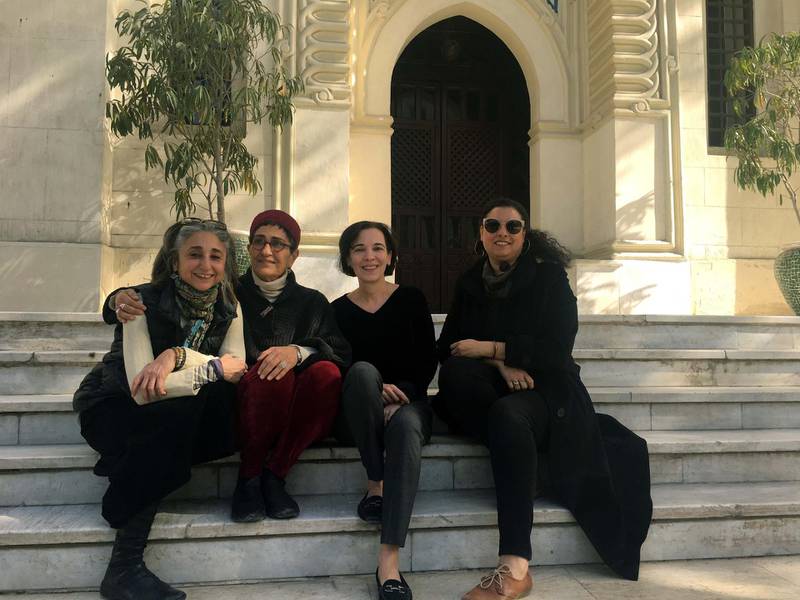 At t the historic Tahrir campus. From L to R: Heba Farid (exhibition coordinator), Huda Lutfi, Shiva Balaghi (curator), and Sherin Guirgis. Courtesy Sherin Guirgis