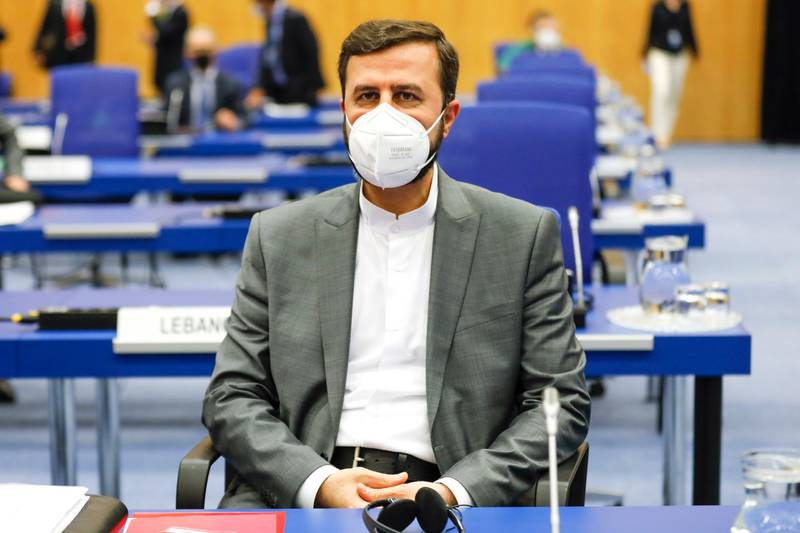 Iran's Governor to the International Atomic Energy Agency (IAEA), Kazem Gharib Abadi, before the start of the IAEA Board of Governors Meeting at the Vienna International Center in Vienna in Vienna, Austria, Monday, June 7, 2021. (AP Photo/Lisa Leutner)