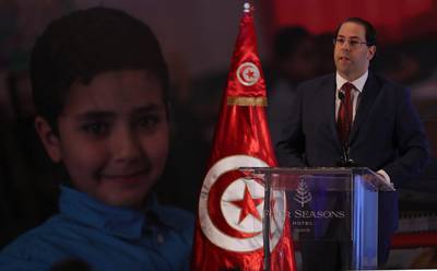 Tunisia Head of Government Youssef Chahed speaks during the 20th Global Child Nutrition Forum in Tunis. EPA