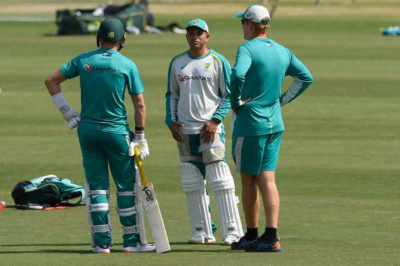 Australia's Usman Khawaja, centre, attends a practice session ahead of the first Test at the Rawalpindi Cricket Stadium. AFP