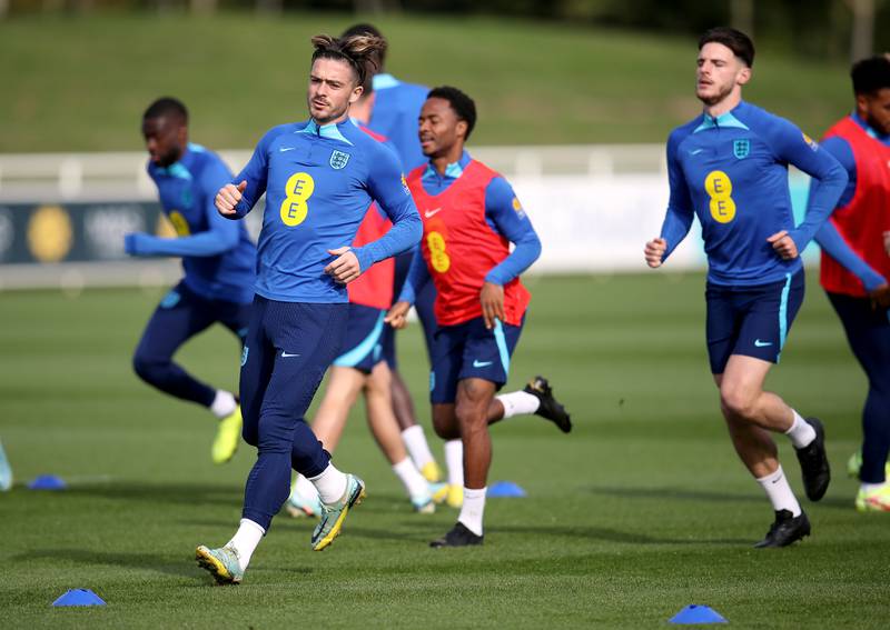 Jack Grealish trains for England's Nations League match. PA