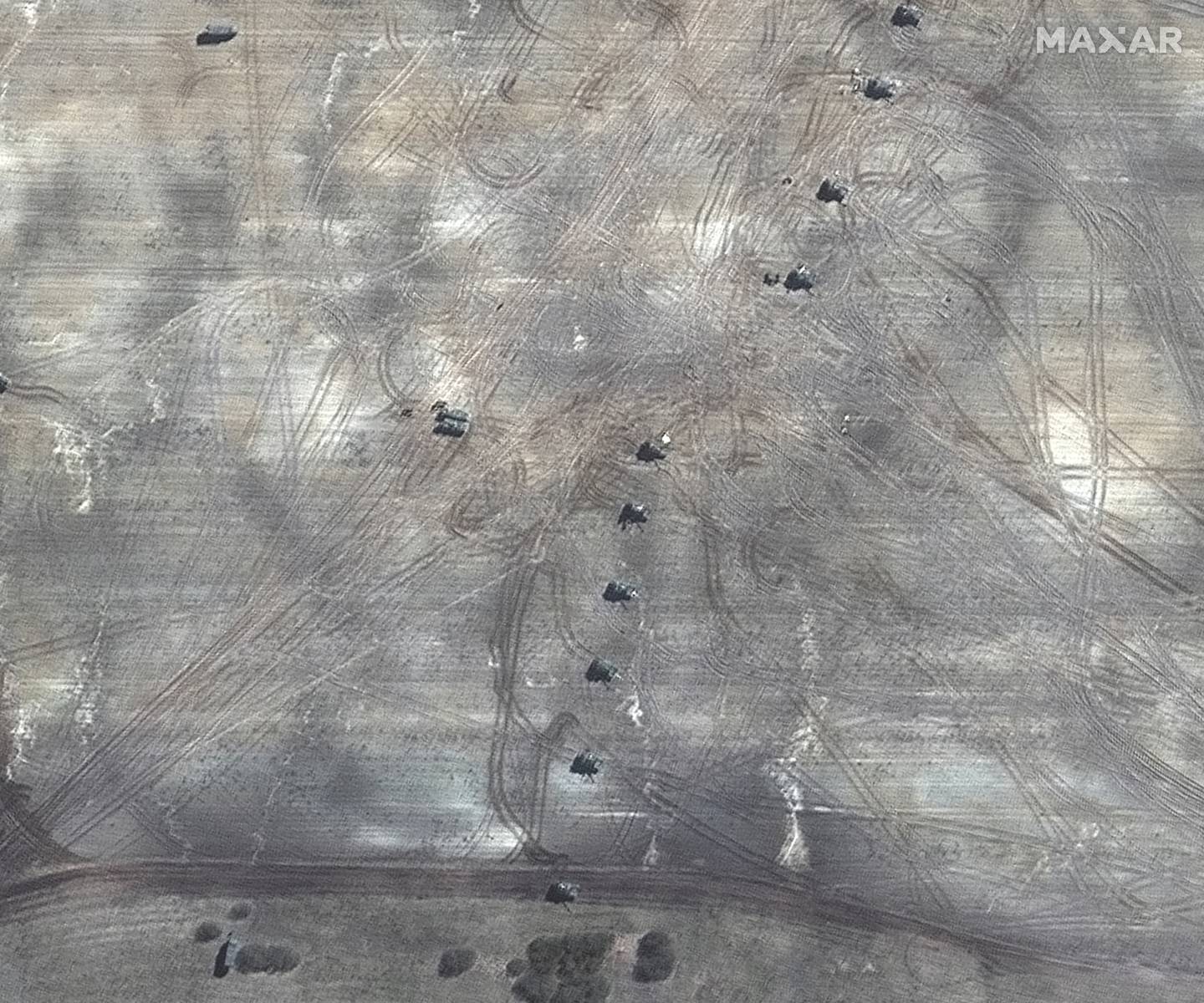 A satellite image shows a close up of self-propelled howitzers, northeast of Chernihiv, Ukraine, March 16, 2022.  Satellite image ©2022 Maxar Technologies/Handout via REUTERS 