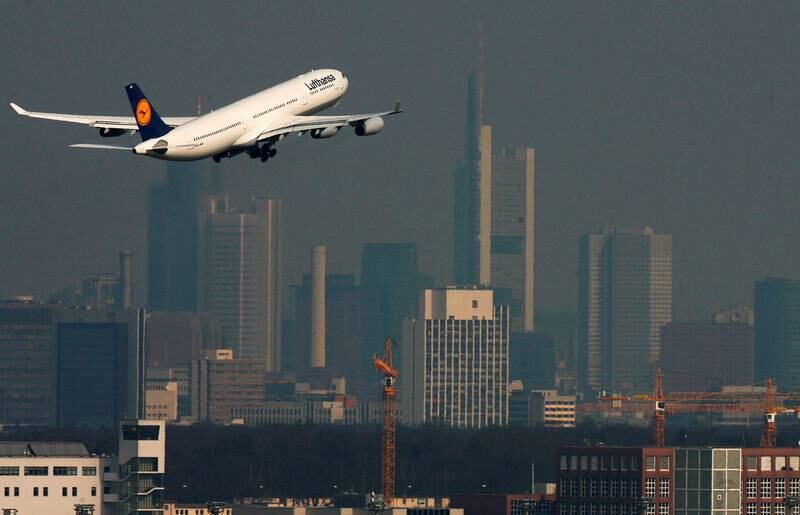 A Lufthansa jet takes off from Frankfurt. Many flights were empty and undertaken only to maintain airport access. Reuters