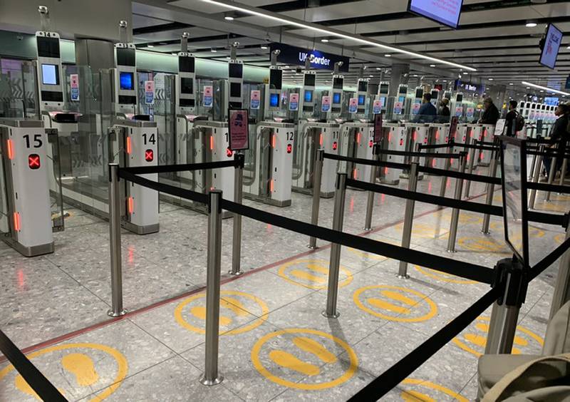 Picture take with permission from the twitter feed of @ChristianDJones of closed self-service passport gates as passengers arriving at Heathrow are being forced to wait in long queues or are being held on planes due to a problem with self-service passport gates.