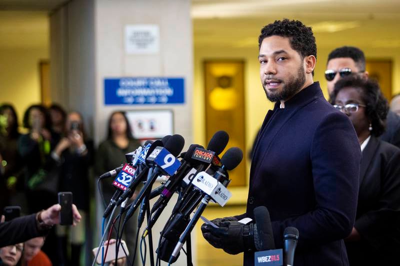 Actor Jussie Smollett speaks at the Leighton Criminal Courthouse in Chicago on Tuesday March 26, 2019, after prosecutors dropped all charges against him. Smollett was indicted on 16 felony counts related to making a false report that he was attacked by two men who shouted racial and homophobic slurs. (Ashlee Rezin/Sun-Times/Chicago Sun-Times via AP)