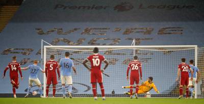 Manchester City's Kevin De Bruyne misses from the spot. AFP