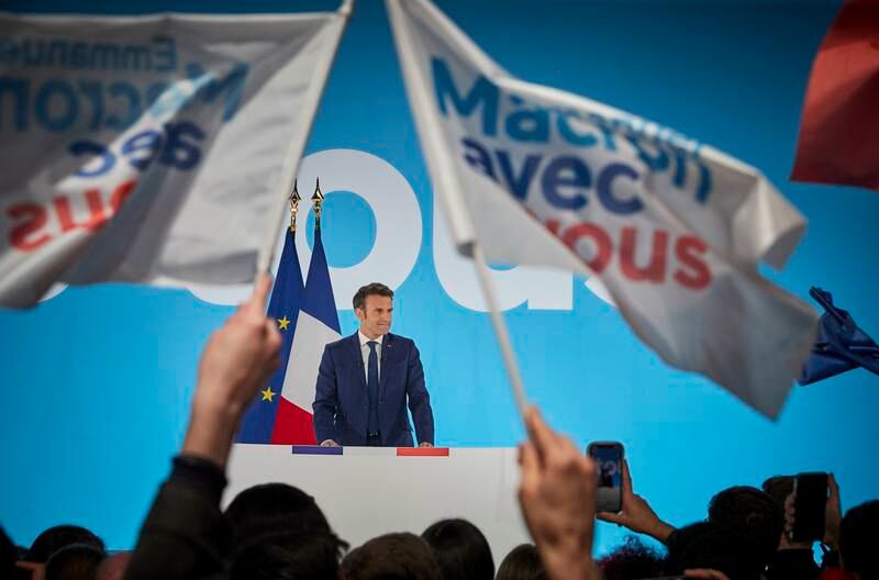 President Emmanuel Macron addresses his supporters in Paris after polls close in first round of voting in the French presidential election. Getty