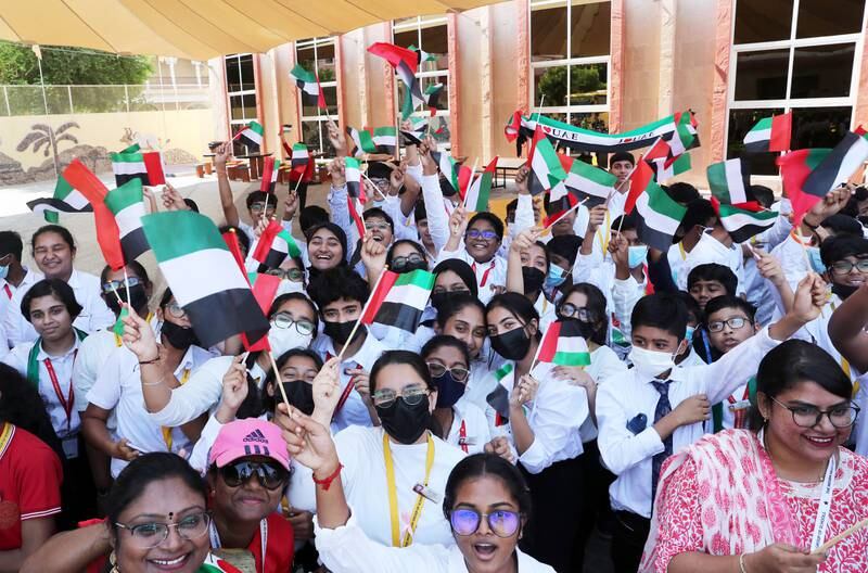 Indian High School pupils celebrate Flag Day in Dubai. There are 3.5 million Indians in the UAE. Pawan Singh / The National