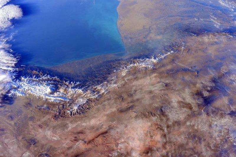 A satellite image from the International Space Station shows the Alborz mountain range in Iran on the Caspian Sea. Tim Kopra tweeted the photo in March 2016. Courtesy ESA / Nasa