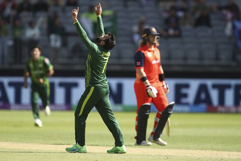 Pakistan's Shadab Khan, the man of the match, celebrates after taking the wicket of Netherlands' Tom Cooper during the T20 World Cup match in Perth on October 30, 2022. AP