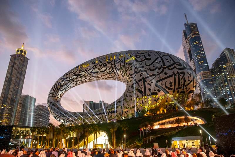 The opening ceremony of the Museum of the Future in February 2022. Its stainless steel facade consists of 1,024 pieces. Antonie Robertson / The National