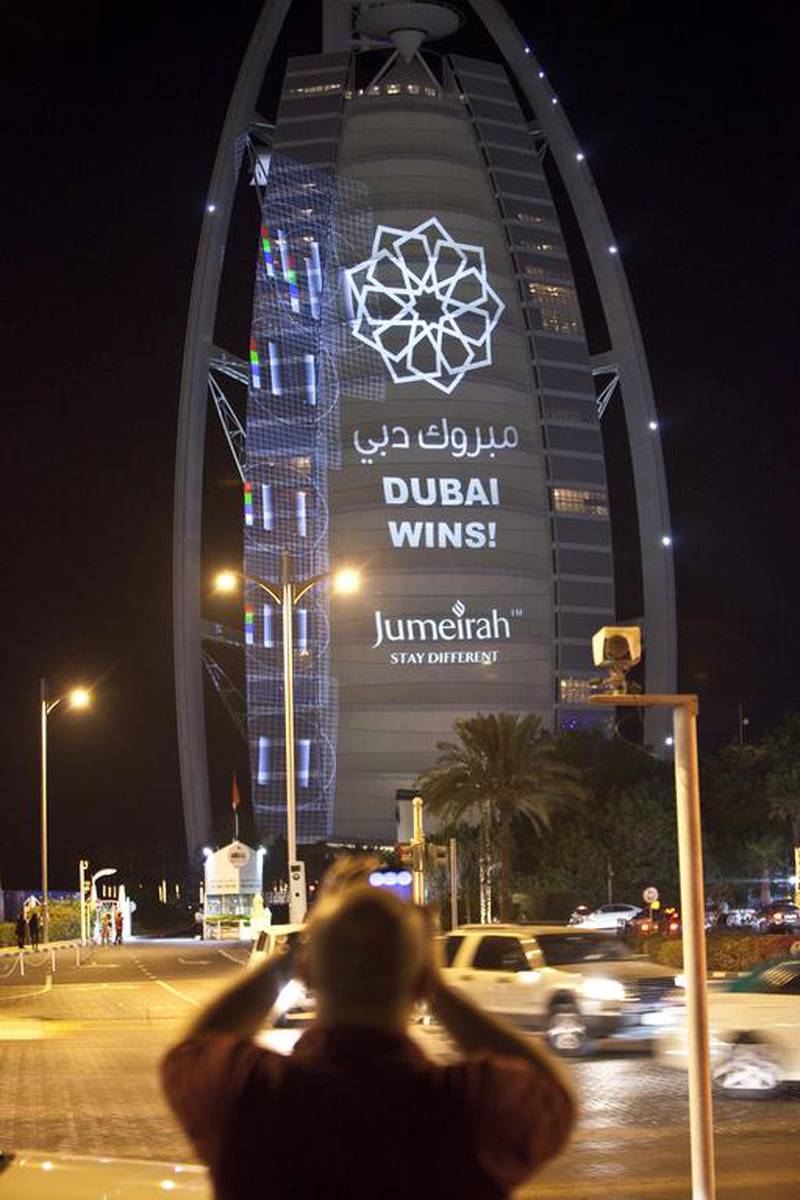 The Burj Al Arab hotel wastes no time in offering its congratulations to Dubai on the winning Expo bid last night. Antonie Robertson / The National 
