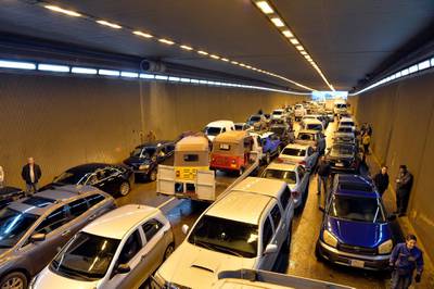 Vehicles are stranded inside a tunnel after a heavy downpour near Rafic Hariri International Airport at the southern entrance of Beirut.  EPA