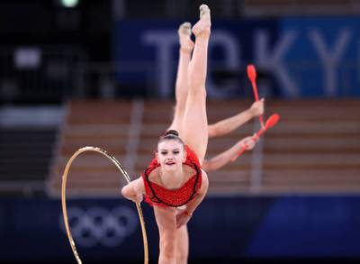 Team Bulgaria perform during the Group All-Around Final at Ariake Gymnastics Centre on August 08, 2021 in Tokyo, Japan. Team Bulgaria won the gold medal.