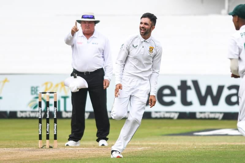 Keshav Maharaj celebrates the dismissal of Mushfiqur Rahim on the fifth day of the first Test in Durban. Getty