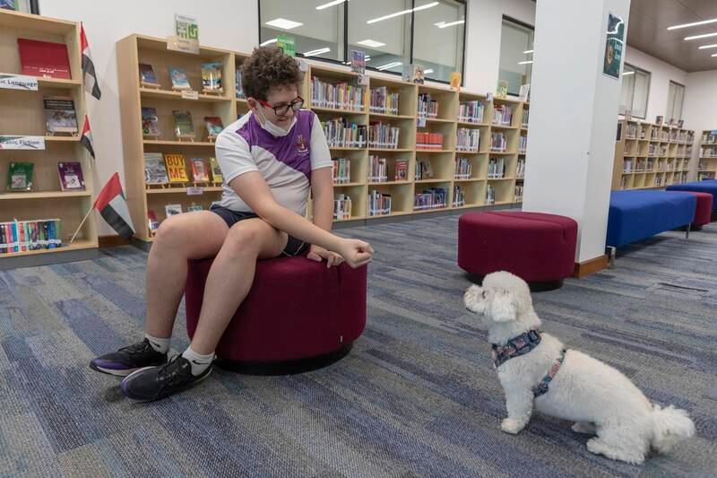 Danny Al Haddadin, 13, plays with Marshall in the school library. 