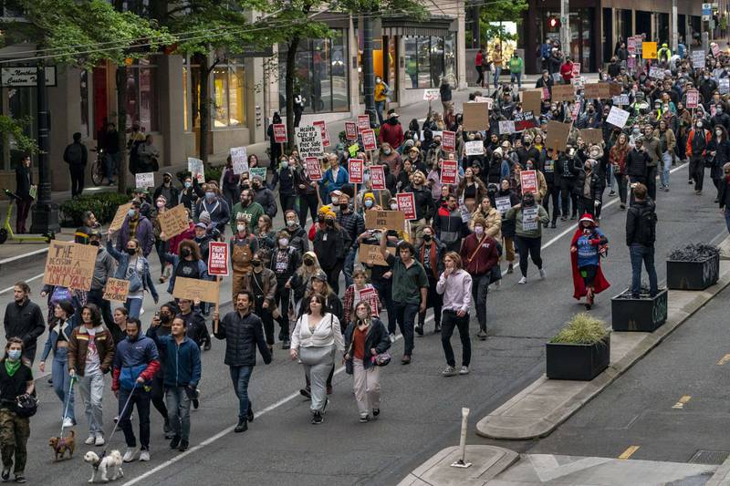 Demonstrators march through downtown following a rally in support of abortion rights in Seattle, Washington. Getty Images / AFP
