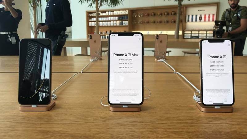 The Apple iPhone XS and XS Max on display at the Apple Store in Dubai Mall. Alkesh Sharma / The National