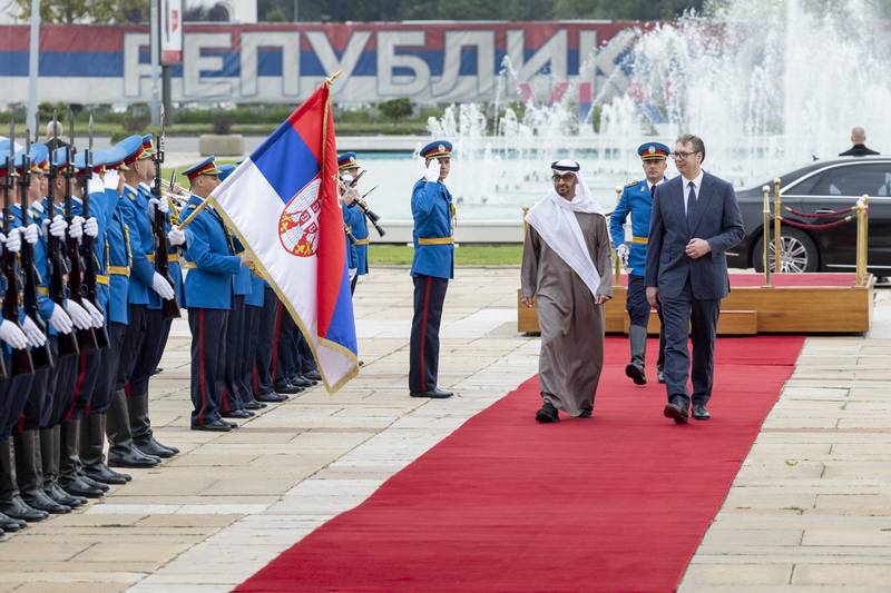 Sheikh Mohamed and Mr Vucic inspect the Serbian guard of honour during a reception at the Palace of Serbia. Photo: Ryan Carter / UAE Presidential Court