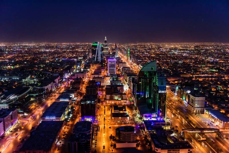 Streets in illuminated cityscape, Riyadh, Saudi Arabia