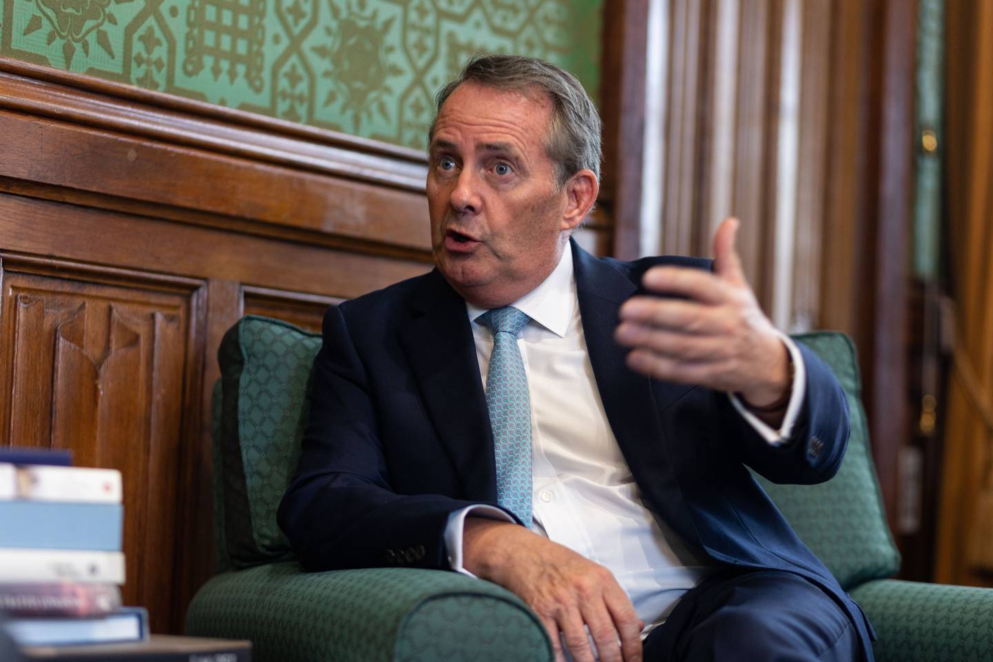Liam Fox in his parliamentary office last year before hosting an event with the ambassadors from Isreal, Bahrain and UAE.