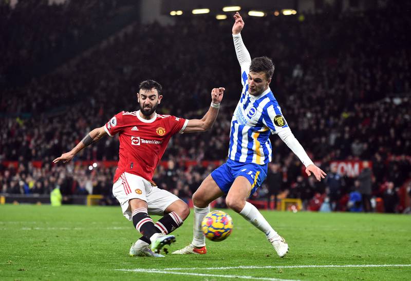 Manchester United's Bruno Fernandes scores their second goal. Reuters