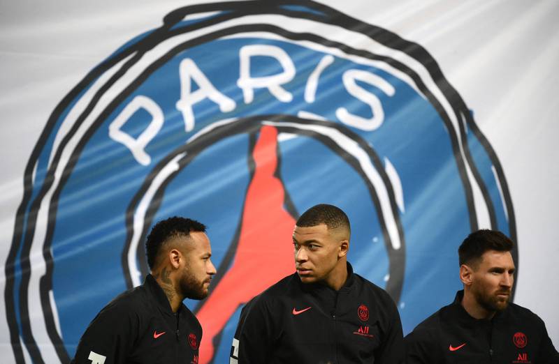 Paris Saint-Germain's Neymar, Kylian Mbappe and Lionel Messi before the match. AFP