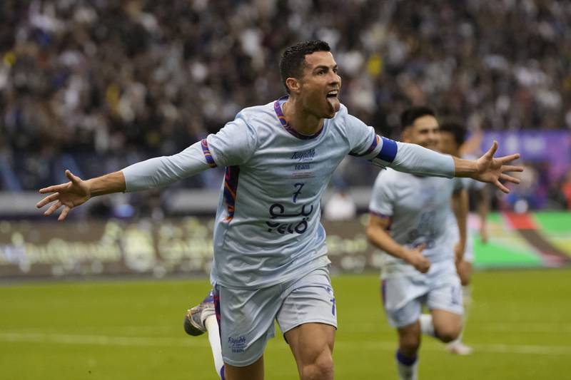 Cristiano Ronaldo celebrates after scoring the second goal for Riyadh All-Stars against PSG at the King Fahd University Stadium in Riyadh, Saudi Arabia, on January 19, 2023. AP