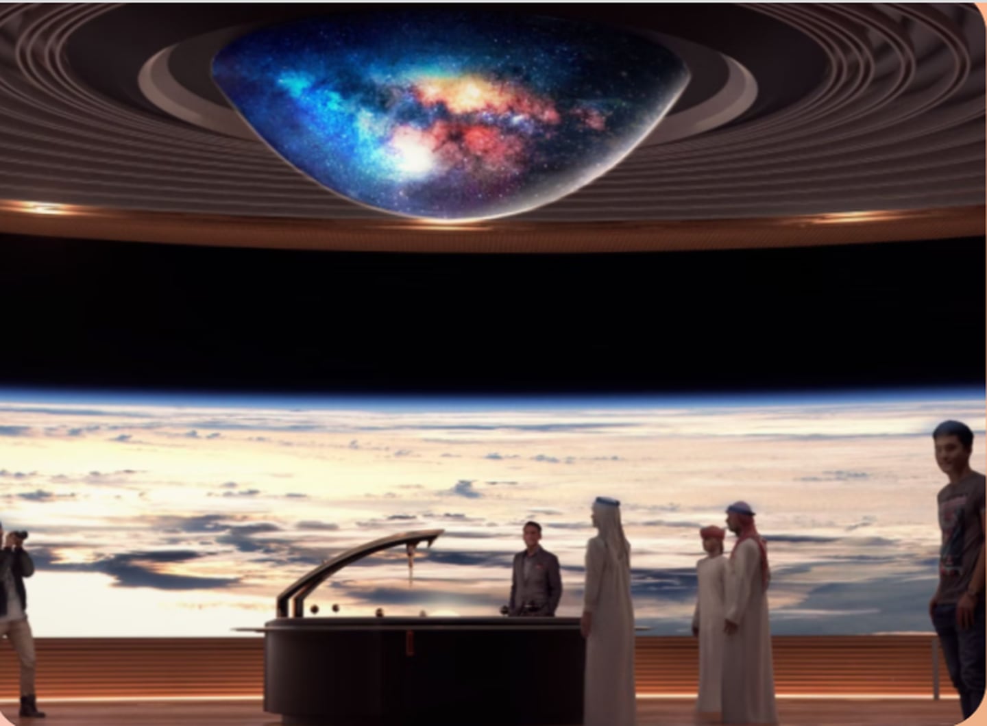 Visitors experience a view from inside a space station 600 kilometres above the Earth.  Photo: Museum of the Future