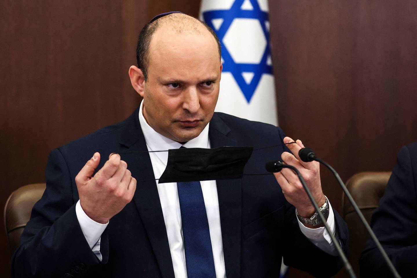 Israeli Prime Minister Naftali Bennett during a Cabinet meeting at his office in Jerusalem, on April 10. AFP