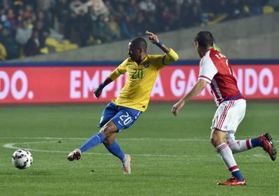 Robinho plays a pass for Brazil during their Copa America quarter-final loss to Paraguay last Saturday. Nelson Alemeida / AFP / June 27, 2015