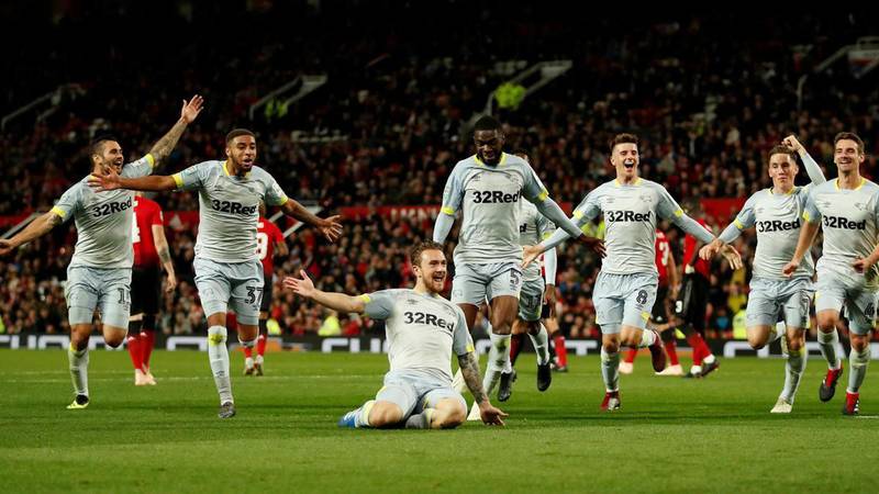 Derby County players celebrate beating Manchester United. Action Images via Reuters