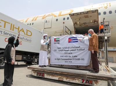 A shipment of UAE aid to tackle Covid-19 in Cuba is loaded on to an Etihad cargo aircraft. Wam