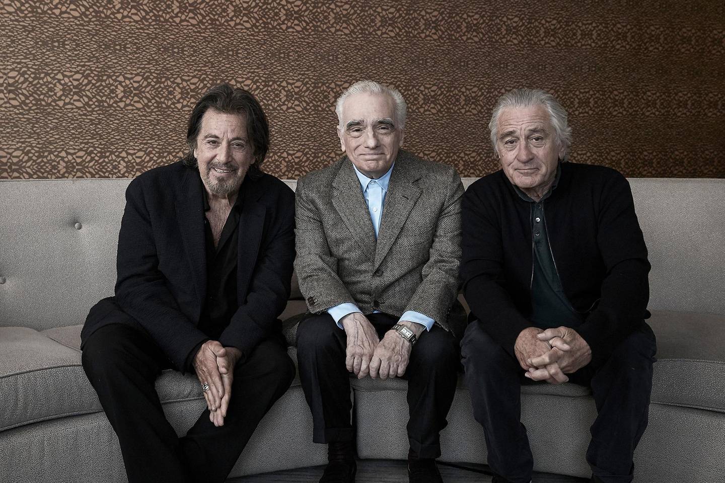 This Sept. 30, 2019 photo shows actor Al Pacino, from left, director Martin Scorsese, and actor Robert De Niro posing for a portrait to promote their upcoming film "The Irishman" in New York. (Photo by Victoria Will/Invision/AP)