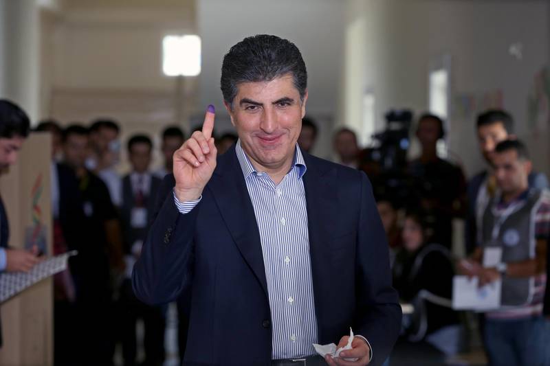 Prime Minister of Iraqi Kurdistan Nechirvan Barzani shows his ink-marked finger after casting his vote for the Kurdistan parliamentary election at a polling station in Erbil, the capital of the Kurdistan Region in Iraq.  EPA