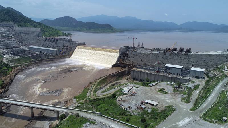 20 July 2020, Ethiopia, Bameza: The overview shows the Grand Ethiopian Renaissance Dam. The future largest dam in Africa has been the cause of dispute between Ethiopia, Egypt and Sudan for years. The countries have now overcome a major hurdle: The reservoir has been filled. But the problem is far from being solved. Water will become increasingly scarce worldwide in the future - and tensions over water resources such as the Nile will rise. Photo by: Yirga Mengistu/picture-alliance/dpa/AP Images