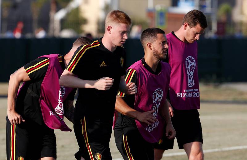 Soccer Football - World Cup - Belgium Training - Sochi, Russia - June 17, 2018   Belgium's Eden Hazard, Kevin De Bruyne and Jan Vertonghen during training   REUTERS/Francois Lenoir