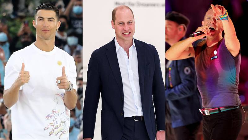 Football star Cristiano Ronaldo, Prince William and Coldplay have all made stops at Expo 2020 Dubai. Pawan Singh / The National; Reuters