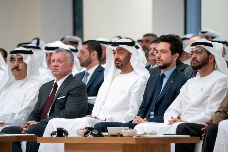 ABU DHABI, UNITED ARAB EMIRATES - May 22, 2019: HH Sheikh Saud bin Rashid Al Mu'alla, UAE Supreme Council Member and Ruler of Umm Al Quwain (L), HM King Abdullah II, King of Jordan (2nd L), HH Sheikh Mohamed bin Zayed Al Nahyan, Crown Prince of Abu Dhabi and Deputy Supreme Commander of the UAE Armed Forces (3rd L), HRH Hussein bin Abdullah, Crown Prince of Jordan (4th L) and HH Sheikh Hamdan bin Zayed Al Nahyan, Ruler’s Representative in Al Dhafra Region (L), attend a lecture by Prof. Bobby Gaspar, Professor of Paediatrics and Immunology (Not shown) and Prof. Manju Kurian, UCL Professor of Neurogenetics (Not shown), titled: ‘Changing the global face of children's medicine’, at Majlis Mohamed bin Zayed.

( Rashed Al Mansoori / Ministry of Presidential Affairs )
---