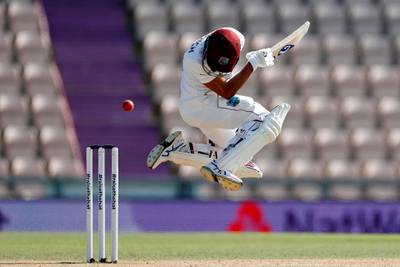 West Indies batsman Shane Dowrich evades a short ball on the fifth day of the first Test against England at the Ageas Bowl on Sunday, July 12. AFP