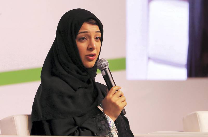 ABU DHABI , UNITED ARAB EMIRATES , November 14  – 2018 :- Reem Al Hashimy , UAE Minister of State for International Cooperation speaking during the session on ‘The Future of Diplomacy: The Rules Are Changing – How Do Governments Keep Pace? at the Diplocon , Abu Dhabi Diplomacy Conference 2018 held at the St. Regis Saadiyat Island Resort in Abu Dhabi. ( Pawan Singh / The National ) For News. Story by Gill Duncan / Daniel Sanderson