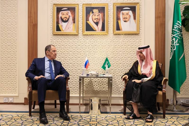 Before Mr Lavrov's meeting with Prince Faisal (pictured), the Russian minister held a press conference with Bahrain’s Foreign Minister Abdullatif Al Zayani. He called on Ukraine to de-mine its territorial waters to allow the safe passage of ships through the Black and Azov seas.